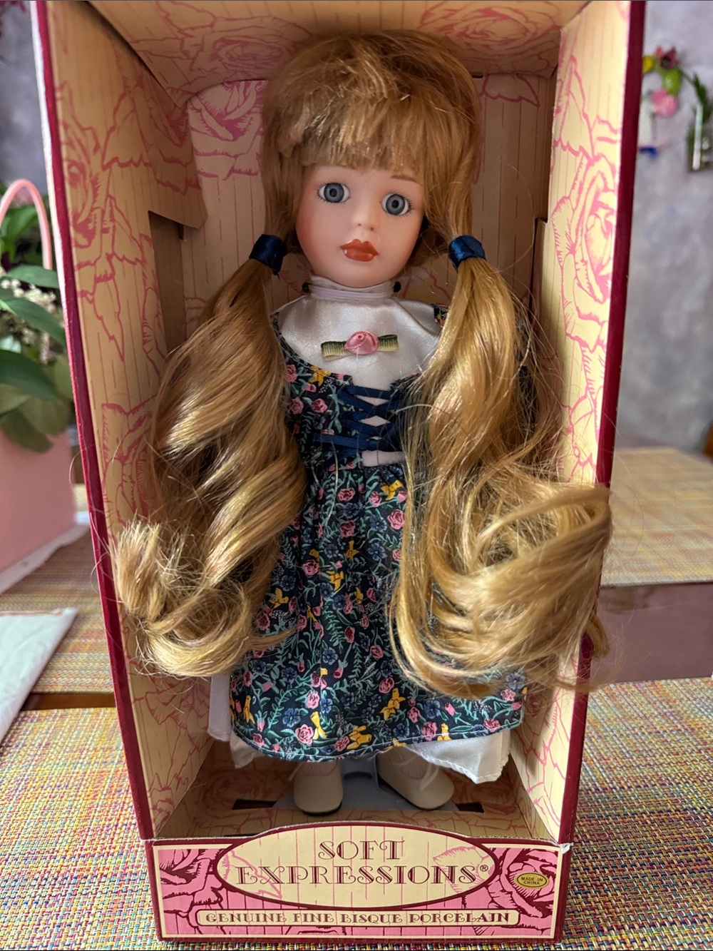 Expressions Blonde Porcelain Doll with Floral Dress
